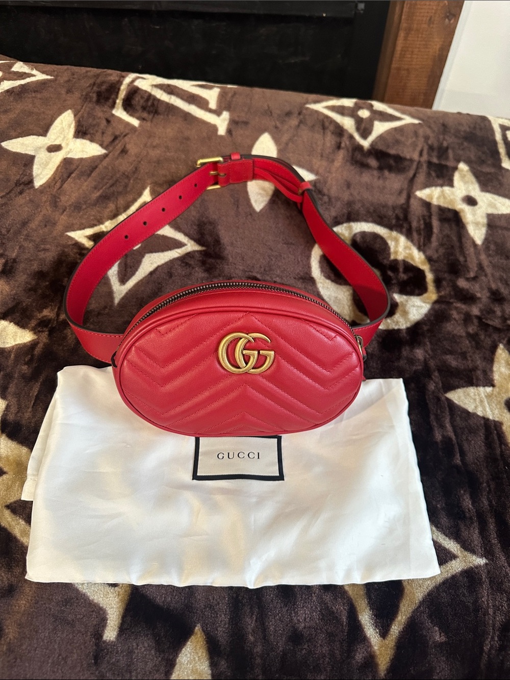Gucci Red Quilted Matelassé GG Belt Bag with Gold Hardware